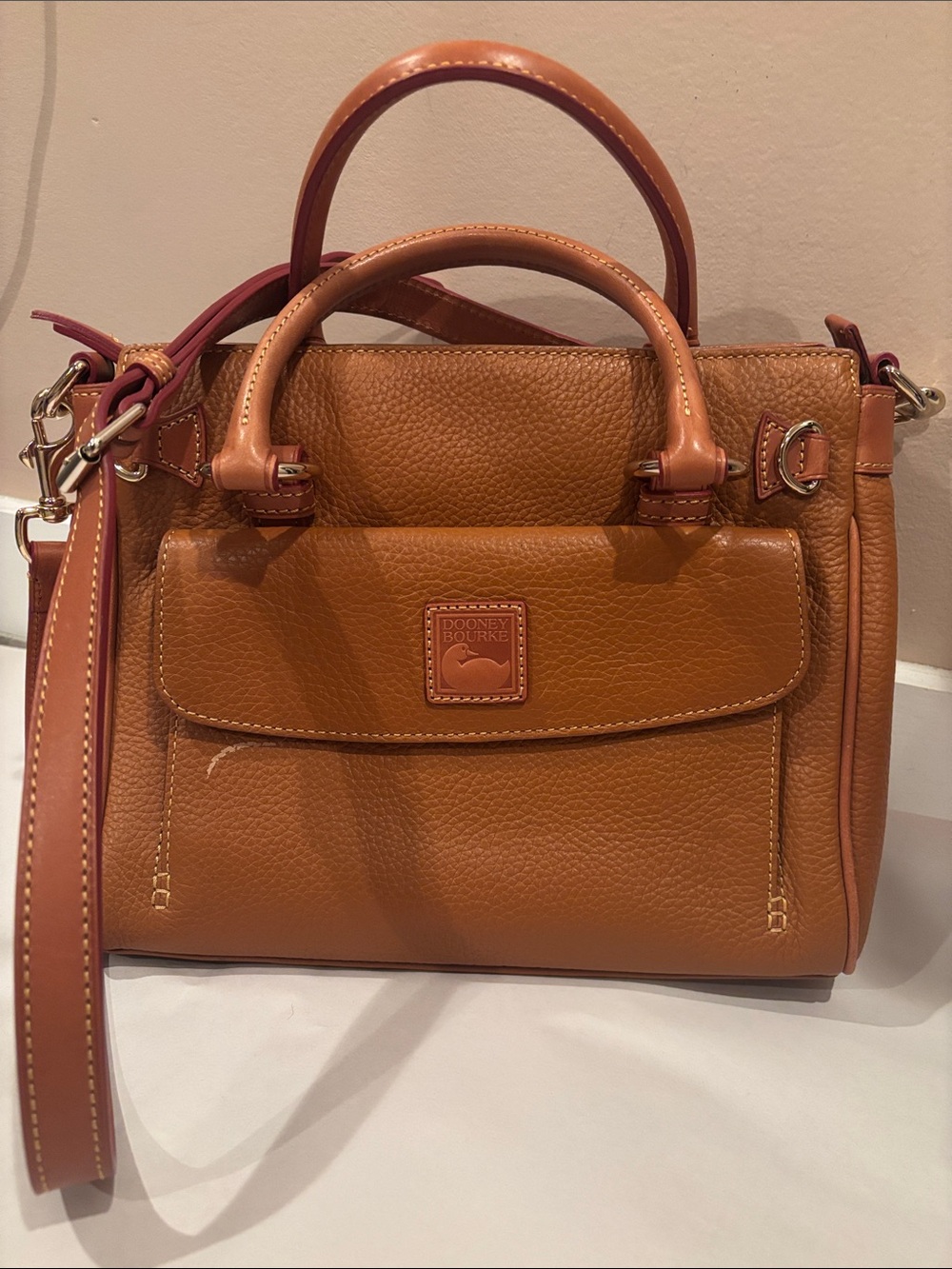 Dooney & Bourke Caramel Tan Pebbled Leather Satchel with Contrast Strap